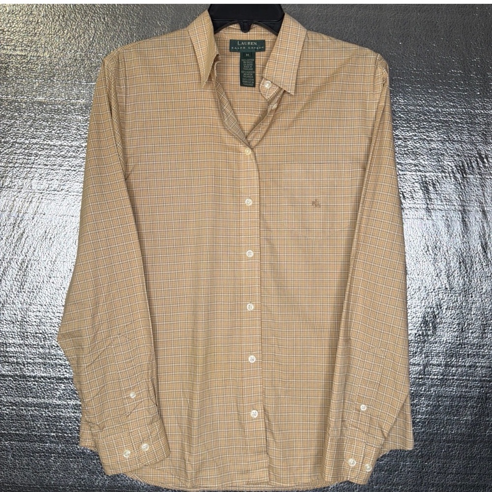 Lauren Ralph Lauren Beige Plaid Button Down Shirt 100% Cotton Medium